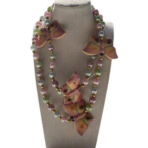 Vintage Butterfly Color Pearls Beaded Ceramic Quality Necklace 80s Sz 19”